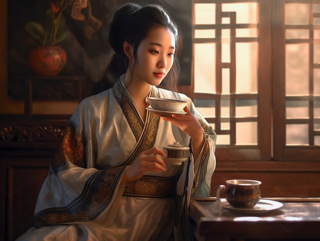 Młoda Chinka w tradycyjnym kimonie pije herbatę w chińskim wnętrzu
