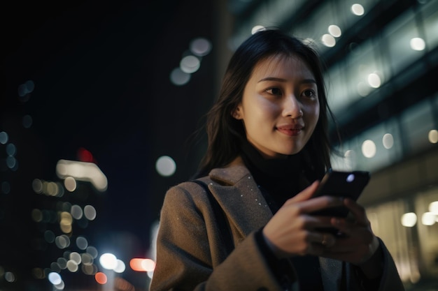 Młoda chińska japońska biznesmenka, która korzysta z telefonu komórkowego na tle nowoczesnych budynków biurowych w nocy Generative AI AIG18