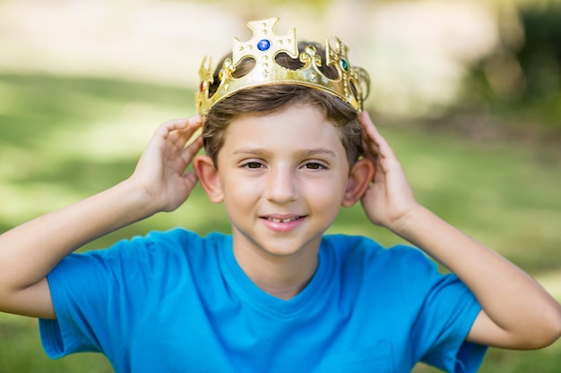 Młoda chłopiec jest ubranym koronę w parku