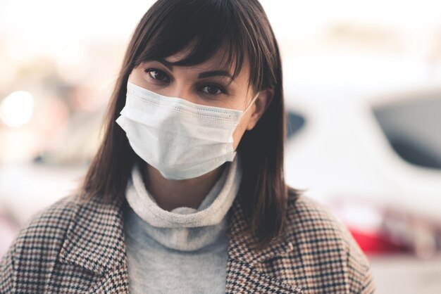 Młoda chora azjatycka dziewczyna nosząca maskę medyczną na zewnątrz