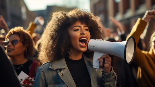 Zdjęcie młoda czarna kobieta krzyczy do megafonu w proteście przeciwko rasizmowi
