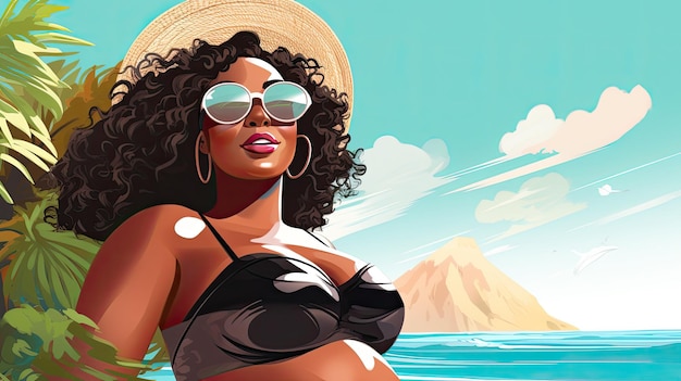 Młoda czarna kobieta w stroju kąpielowym ciesząca się wakacjami na plaży