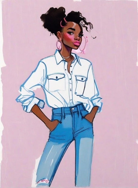 młoda czarna nowoczesna kobieta pozuje w niebieskich dżinsach pogrubioną ilustracją czarnych linii