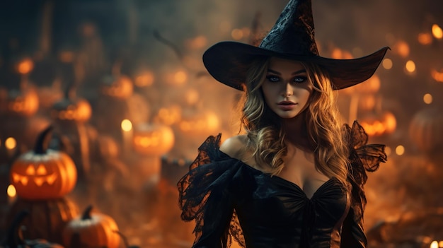 Młoda czarownica jest na dyniowym tle w generatywnej scenie AI w noc Halloween z dorosłą dziewczyną w kostiumie w magicznym drewnie lub farmie Helloween party czarodziej i koncepcja czarów