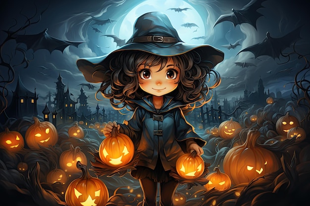 Młoda czarownica w kapeluszu i czarnym kostiumie z dyniami na święto Halloween Postać z kreskówki Kartka z pozdrowieniami Ilustracja generatywna AI