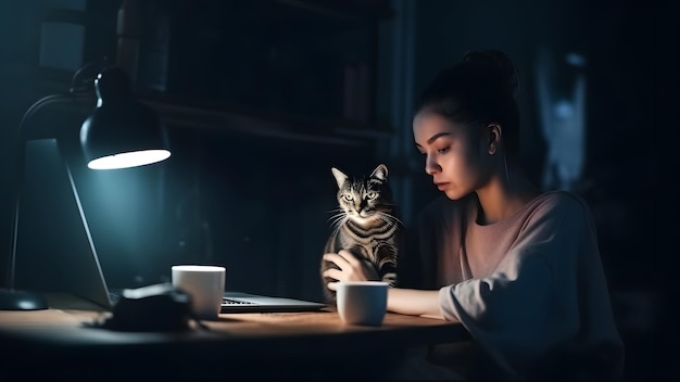 Młoda dorosła Azjatka używająca laptopa siedząca przy biurku z kotem sieci neuronowej generującej sztukę