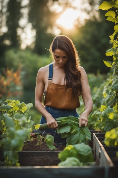 młoda dorosła kobieta rolnik pracująca w organicznym ogrodzie warzywnym rano w słoneczny dzień