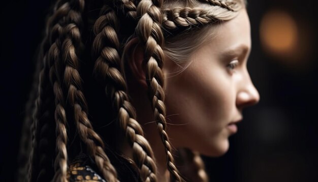 Zdjęcie młoda dorosła kobieta z uroczą fryzurą, patrząca na zewnątrz z elegancją generowaną przez sztuczną inteligencję