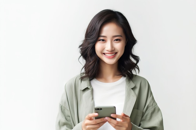 Młoda dorosła uśmiechnięta szczęśliwa koreańska kobieta trzyma telefon komórkowy na białym tle Generacyjna AI
