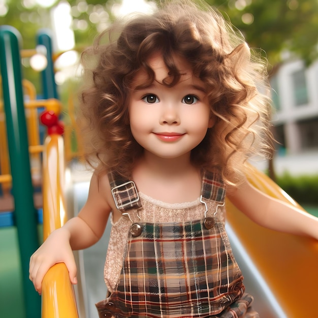 Młoda dziewczyna bawiąca się na zjeżdżalni w słonecznym parku