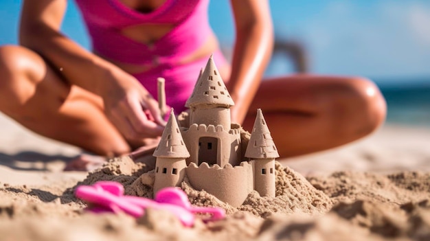Młoda dziewczyna buduje zamek z piasku z tłem plaży i morza generowanym przez sztuczną inteligencję