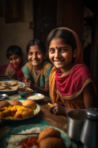 Młoda dziewczyna ciesząca się posiłkiem z rodziną stworzona za pomocą generatywnej sztucznej inteligencji