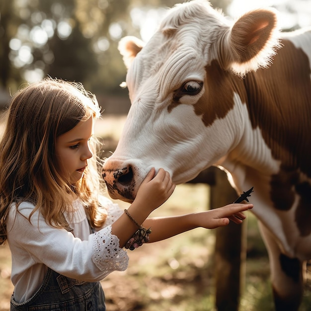 Młoda dziewczyna głaszcząca krowę na polu.