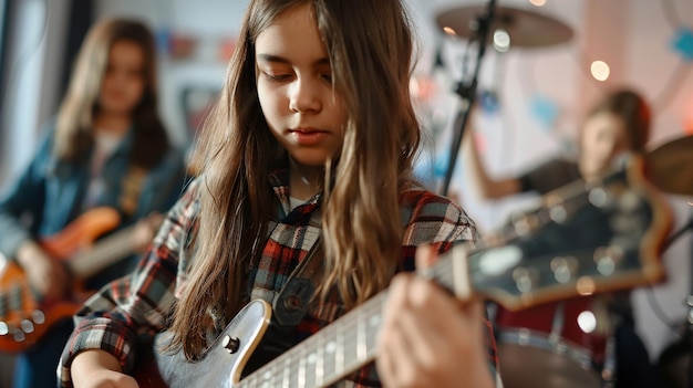 Młoda dziewczyna grająca na gitarze na próbie zespołu szkolnego Nastolatek ćwiczy muzykę