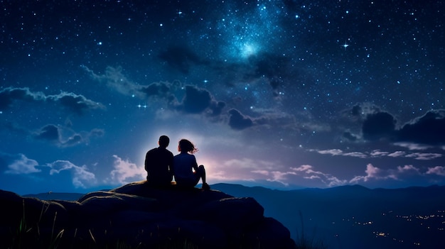 Młoda dziewczyna i zakochany chłopiec siedzący na księżycu.