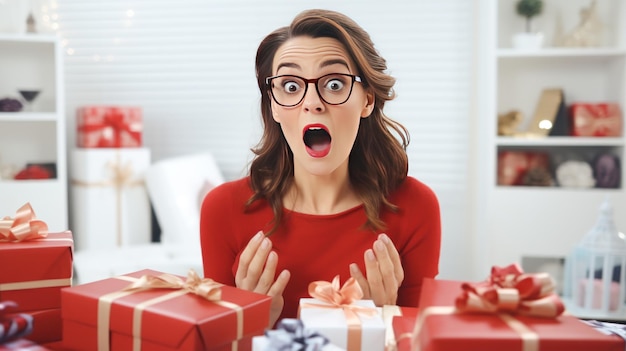 Zdjęcie młoda dziewczyna ma szokujący wyraz twarzy, trzymając pudełko z prezentami.