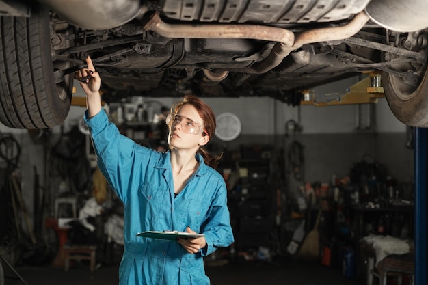 Młoda Dziewczyna Mechanik Samochodowy Bada Mocowanie Koła Stojąc Pod Samochodem W Warsztacie Samochodowym Lub Garażunaprawa Maszyny Podniesionejpraca Mężczyzny I Kobiety