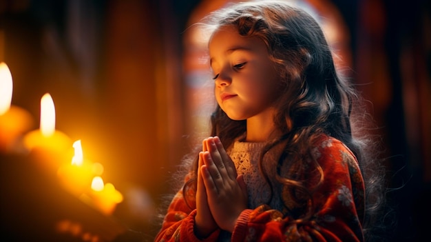 Młoda dziewczyna modli się z Bogiem na tle