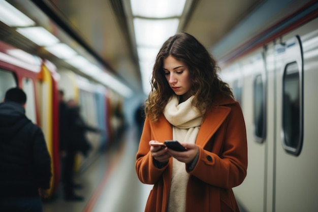 Młoda dziewczyna na stacji metra w Londynie Kobieta Trip Generuje AI