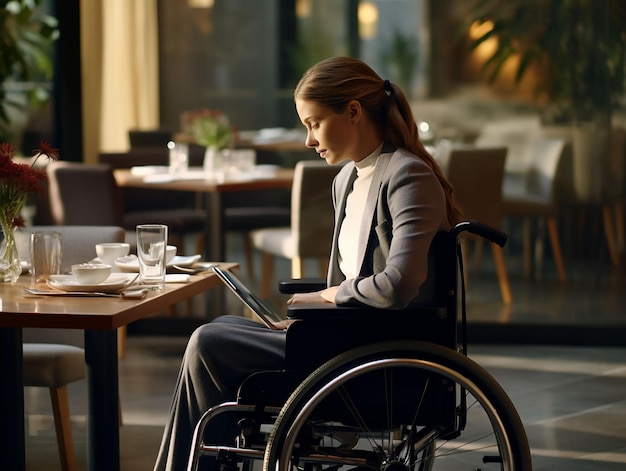 Młoda dziewczyna na wózku inwalidzkim w kawiarni patrzy na wygenerowane komputerowo IA