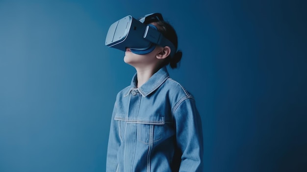 Młoda dziewczyna nosząca okulary wirtualnej rzeczywistości Koncepcja technologii przyszłości Niebieskie tło
