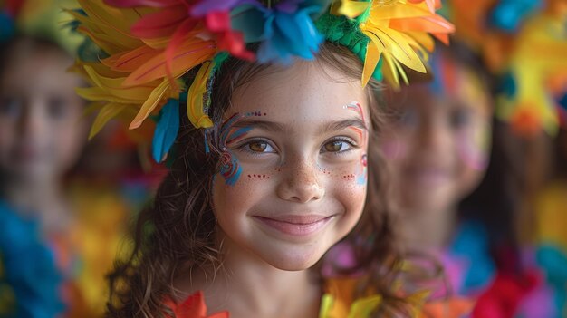 Młoda dziewczyna ozdobiona kolorowymi piórami