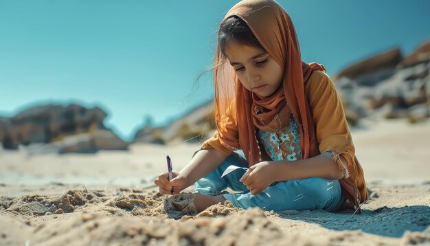 Młoda dziewczyna siedzi na plaży i rysuje w piasku ołówkiem.