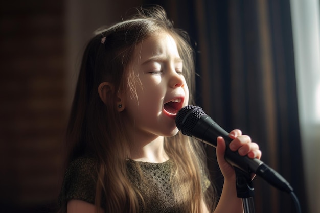 Zdjęcie młoda dziewczyna śpiewająca samodzielnie do mikrofonu, stworzona za pomocą generatywnej sztucznej inteligencji