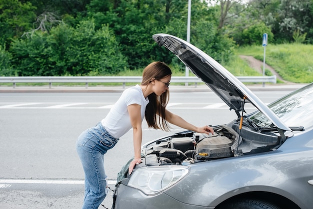 Młoda dziewczyna stoi przy zepsutym samochodzie na środku autostrady i zagląda pod maskę. Awaria i awaria samochodu. Czekam na pomoc.