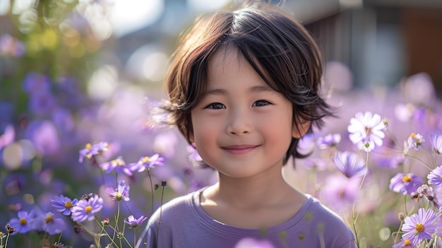 Młoda dziewczyna stojąca na polu fioletowych kwiatów