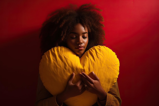 Młoda dziewczyna trzyma poduszkę w kształcie serca nad żółtym zdjęciem w stylu afrokaribskim