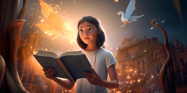 Młoda dziewczyna trzymająca książkę, która promienieje światłem, a postacie i stworzenia z jej stron wylewają się do świata rzeczywistego Generatywna sztuczna inteligencja