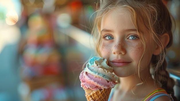 Młoda dziewczyna trzymająca lody w ręku Portret studyjny z tłem bokeh