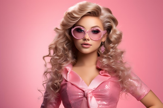 młoda dziewczyna ubrana jak Barbieeverything w kolorze różowym wyizolowanych w studio adobestockistock z kopią