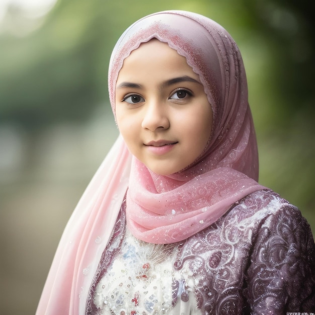 Młoda dziewczyna ubrana w różowy szalik i białą koszulę z napisem hidżab.
