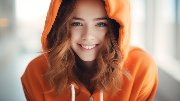 Młoda dziewczyna uroczo uśmiechnięta w pomarańczowej bluzie z kapturem Generative AI