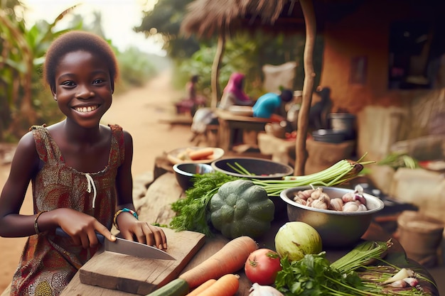 Zdjęcie młoda dziewczyna uśmiecha się i cięje warzywa na drewnianej desce do cięcia