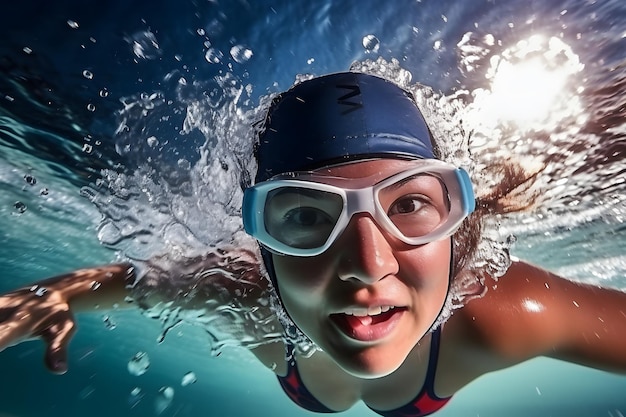 Młoda dziewczyna w czapce pływackiej i okularach pływa pod wodą tworząc rozpryski