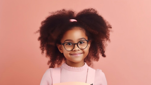Młoda dziewczyna w okularach i różowym swetrze uśmiecha się do kamery.