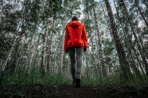 Młoda dziewczyna w pomarańczowej kurtce idzie przez brzozowy las wśród wysokich drzew widok z dołu Letnie spacery po parku