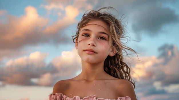 Młoda dziewczyna w różowej sukience na tle chmur
