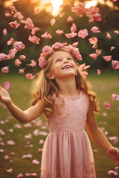Młoda dziewczyna w różowej sukience z kwiatami na głowie