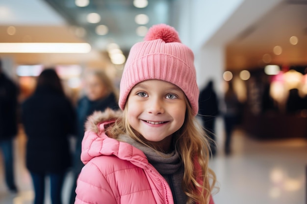 Młoda dziewczyna w różowym zimowym stroju robi zakupy w domu