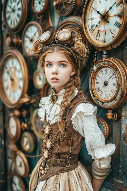 Młoda dziewczyna w stroju steampunk z vintage okularami pozująca wśród kolekcji antycznych zegarów