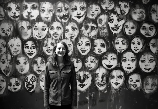 Zdjęcie młoda dziewczyna wskazująca na uśmiechnięte twarze na ścianie w stylu zjawisk psychologicznych