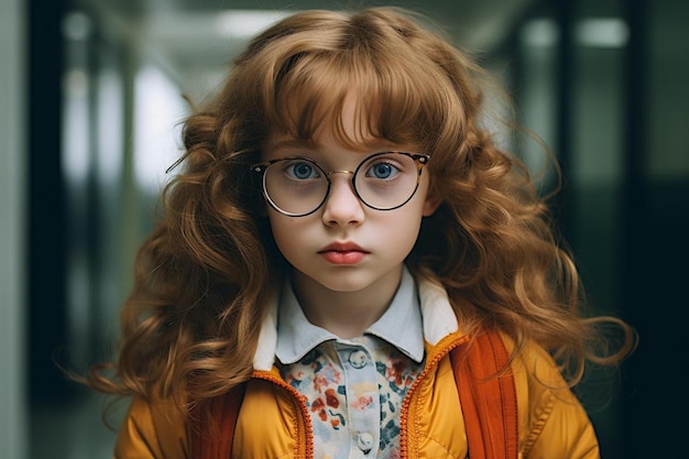 Zdjęcie młoda dziewczyna z długimi czerwonymi włosami i okularami.