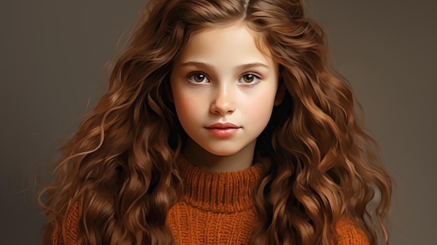 młoda dziewczyna z długimi kręconymi włosami i pomarańczowym swetrem