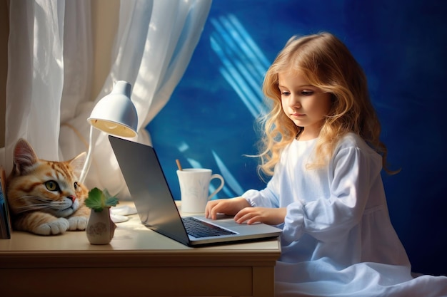 młoda dziewczyna z długimi włosami w białej sukience studiuje z laptopem w pokoju z niebieskimi ścianami, podczas gdy jest obserwowana przez kota