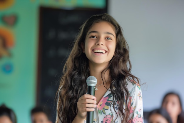 Młoda dziewczyna z kręconymi włosami i kwiatowym topem mówi do mikrofonu w klasie.
