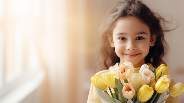 Młoda dziewczyna z kwiatami na zewnątrz zdjęcie generowane przez AI